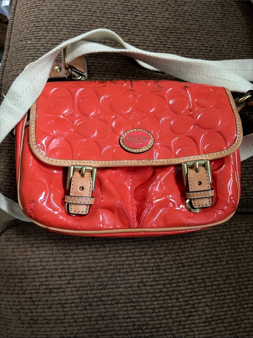 Coach Orange Patent Leather Signature Crossbody with Cream Strap